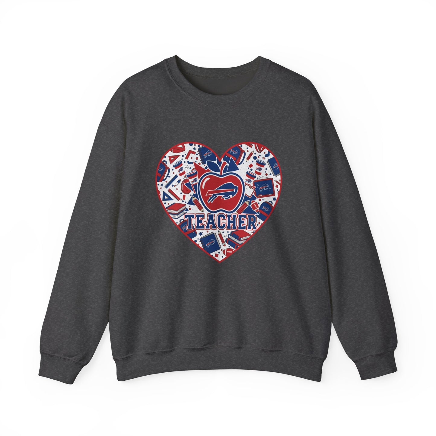 Teacher Crewneck Sweatshirt — Red & Blue Apple Graphic Teacher Pullover