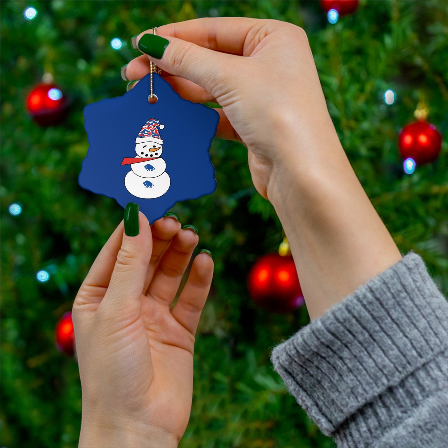 Buffalo Snowman Ceramic Ornament