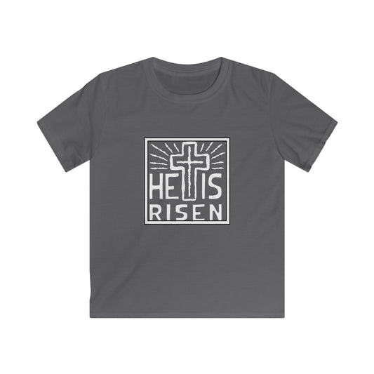 He Is Risen White Font Kids Softstyle Tee