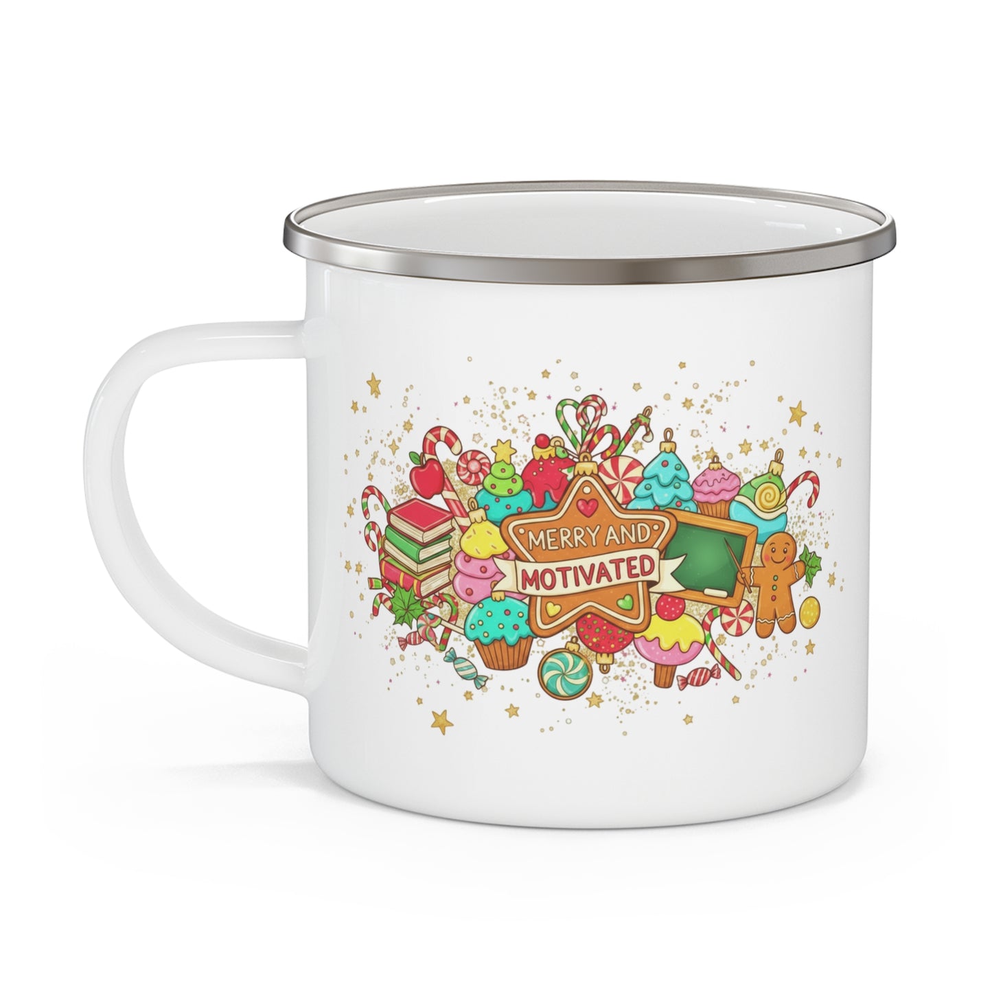 Enamel Mug — Merry and Motivated Holiday Camping Cup with Festive Sweets Design