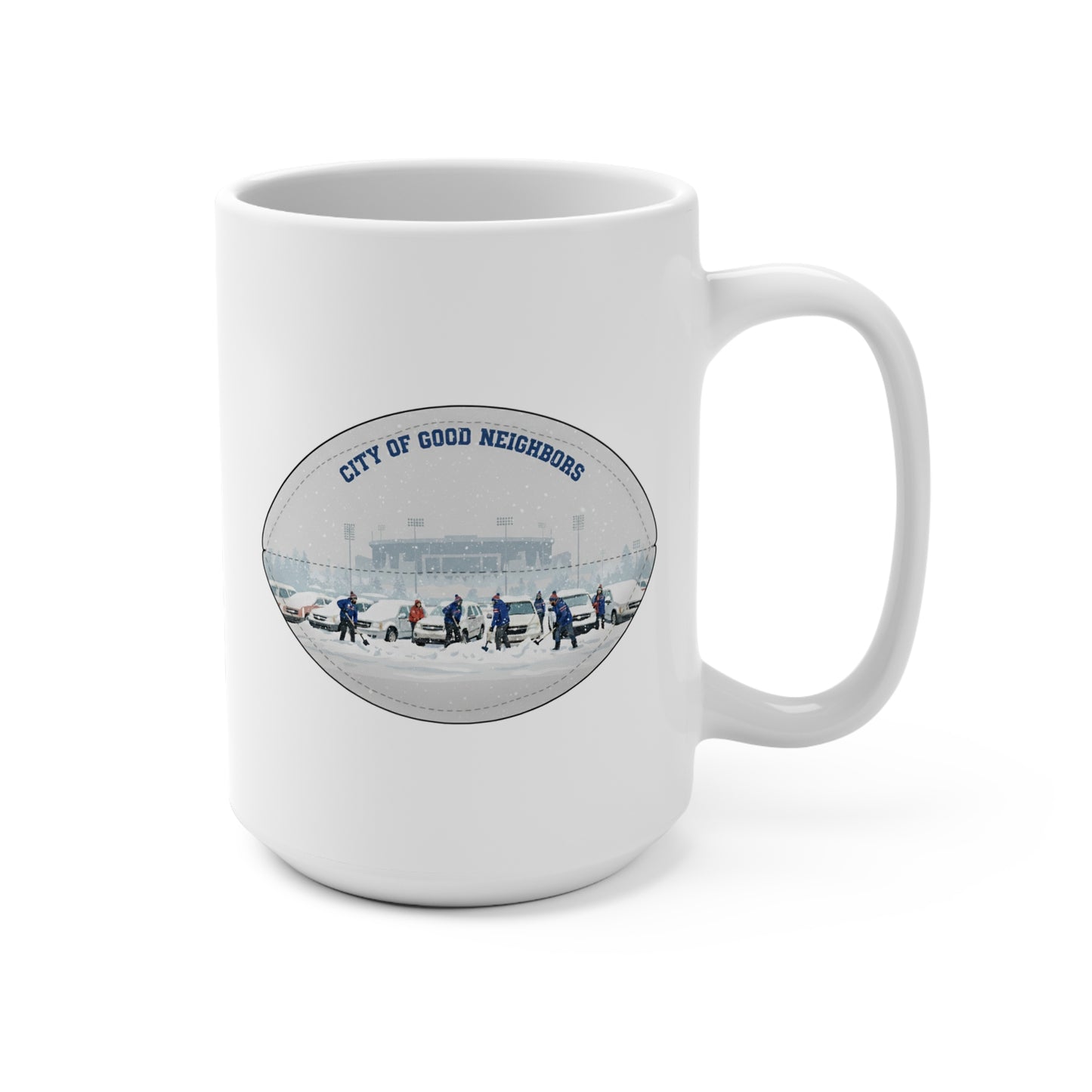 City of Good Neighbors 15oz Ceramic Mug — Vintage Winter Neighborhood Scene