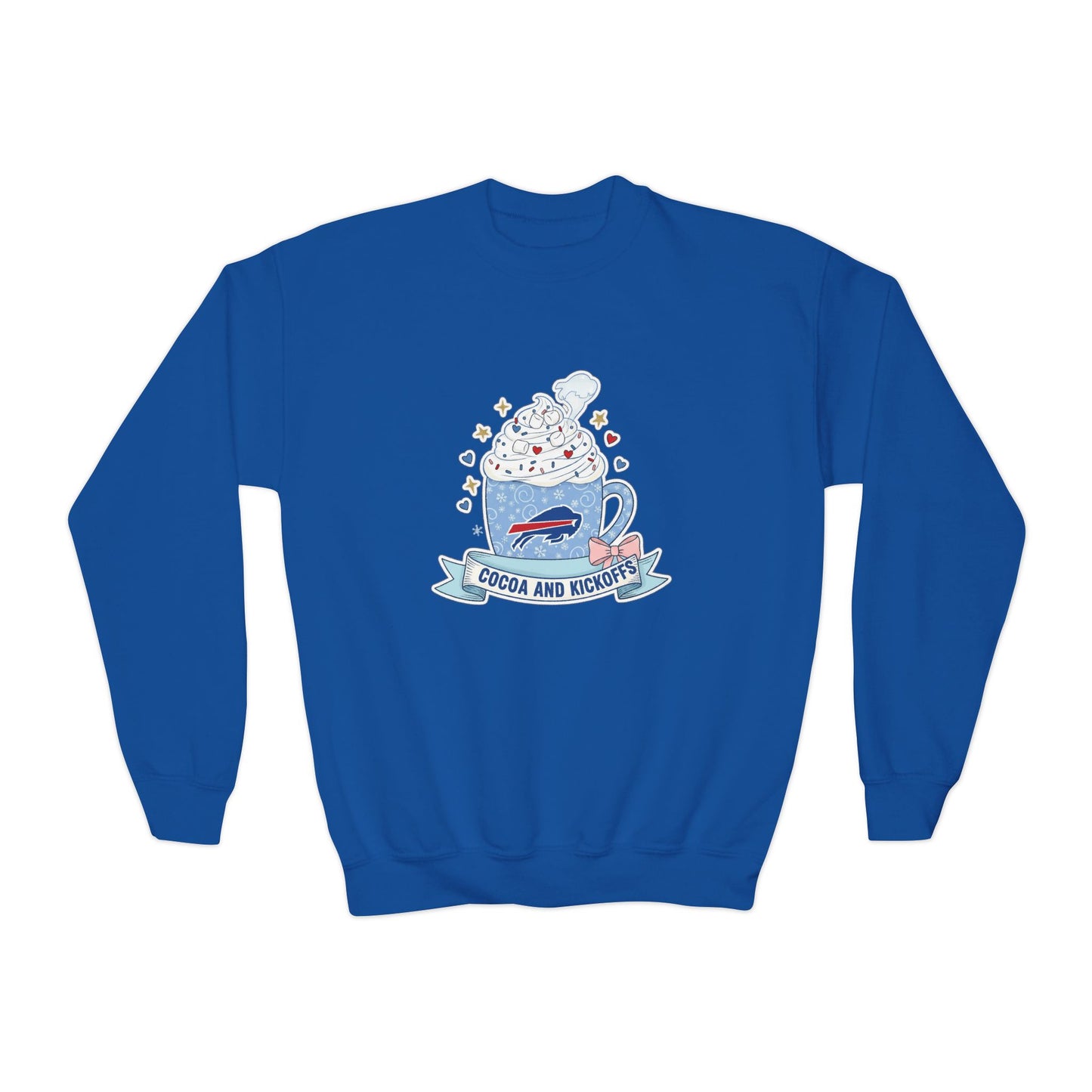 Youth Crewneck Sweatshirt - Cozy Buffalo Hot Cocoa Graphic with Whipped Cream & Stars