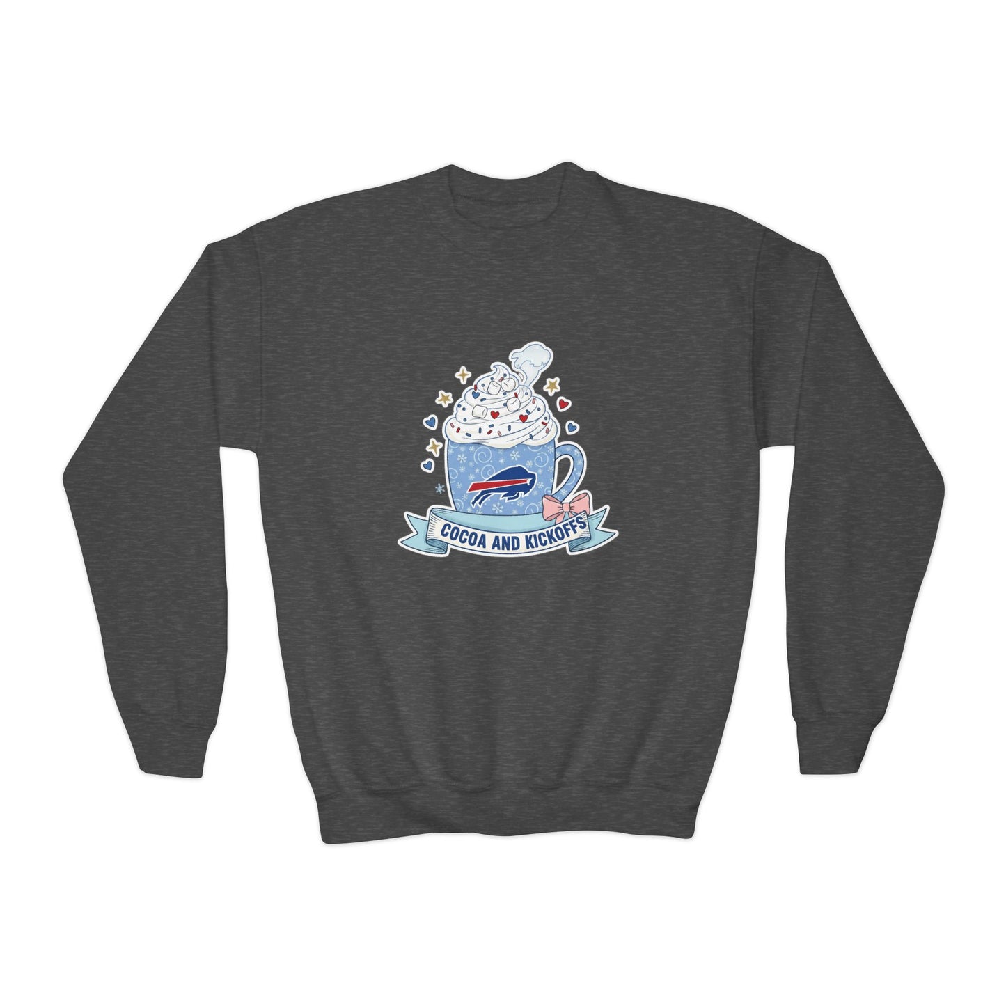 Youth Crewneck Sweatshirt - Cozy Buffalo Hot Cocoa Graphic with Whipped Cream & Stars