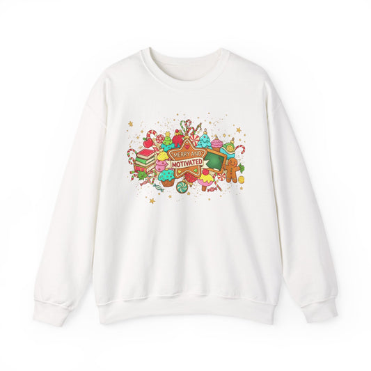 Merry and Motivated Sweets Crewneck Sweatshirt — Colorful Candy & Dessert Graphic