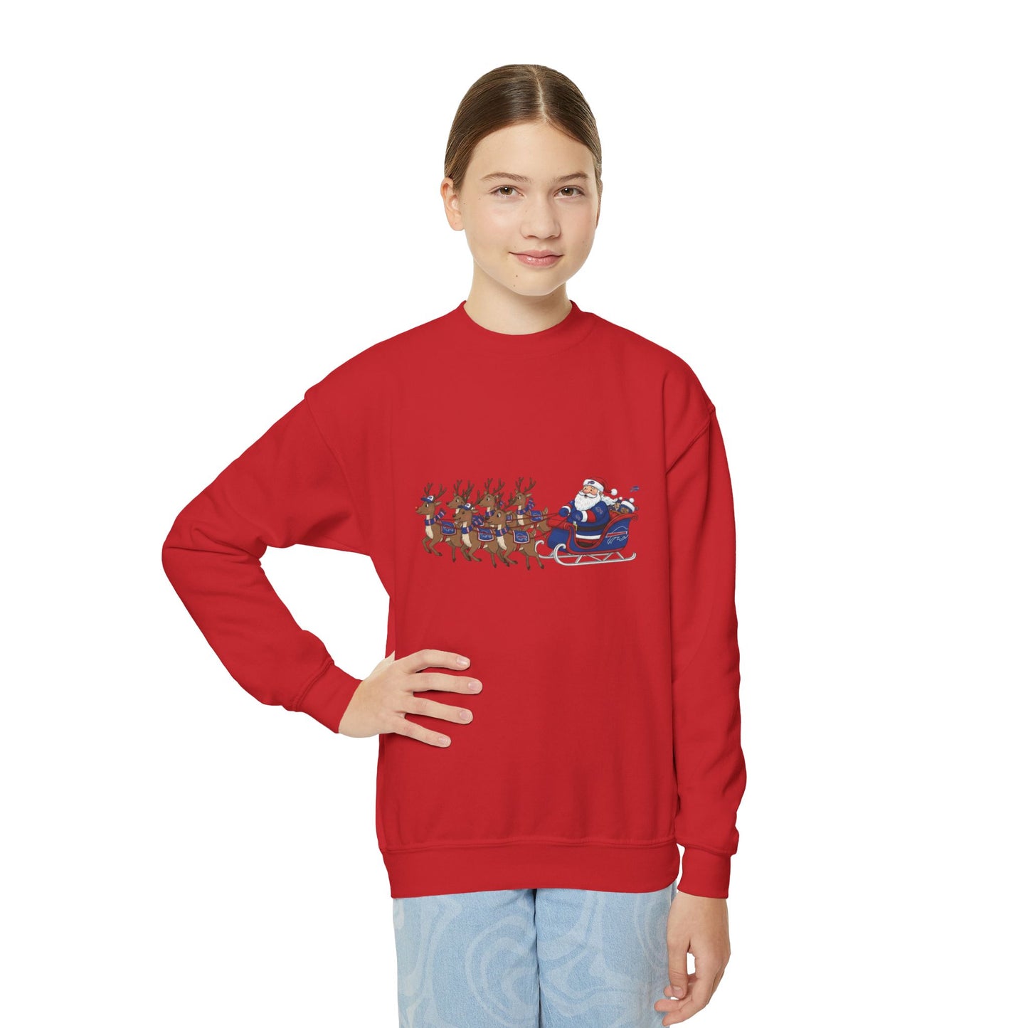 Kids Buffalo Christmas Crewneck Sweatshirt - Santa Sleigh & Reindeer Holiday Pullover