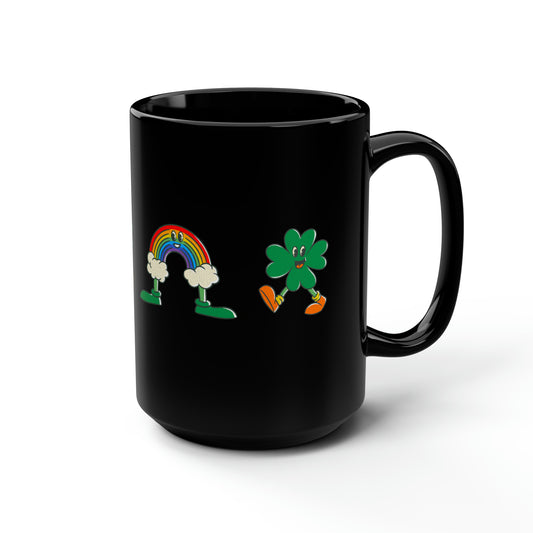 Shamrock and Rainbow Man Black Mug, 15oz