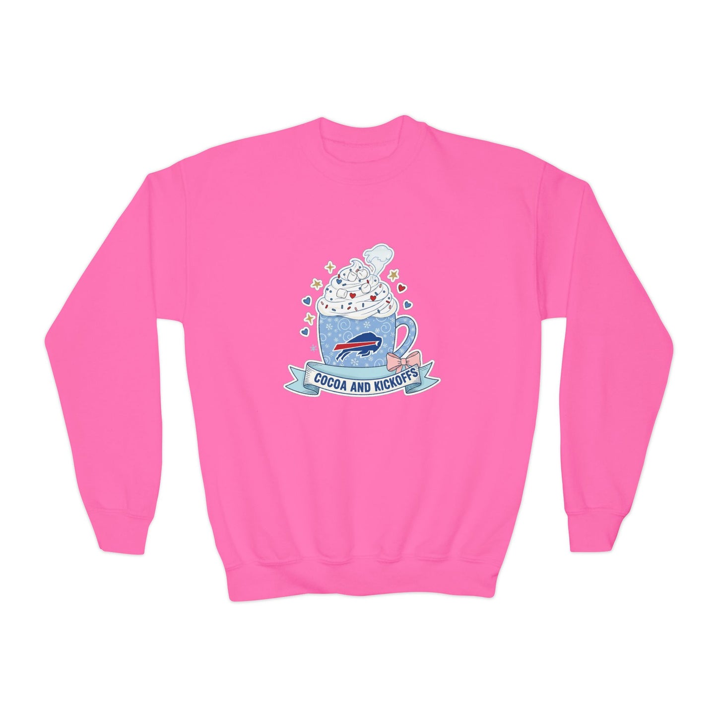 Youth Crewneck Sweatshirt - Cozy Buffalo Hot Cocoa Graphic with Whipped Cream & Stars