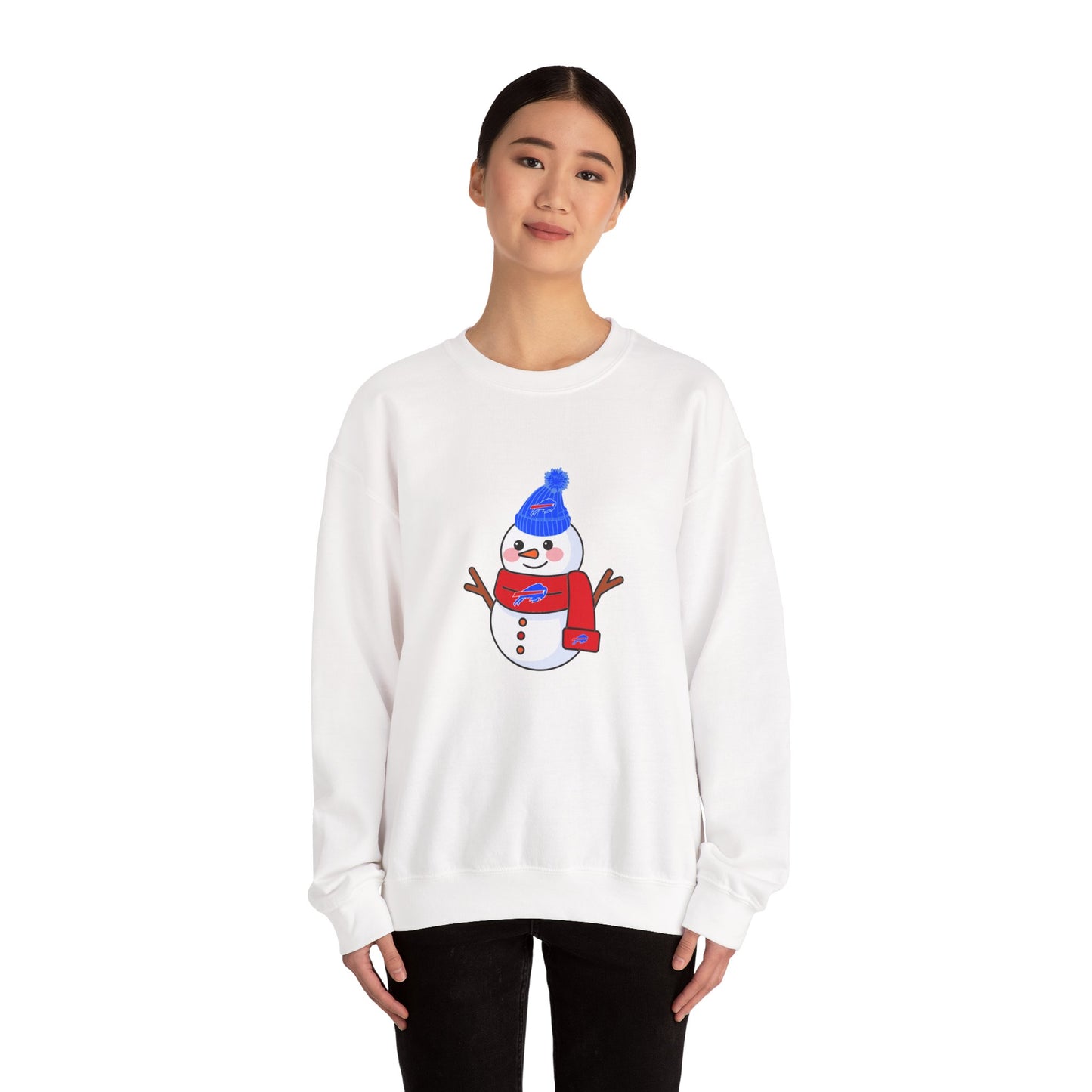Buffalo Snowman Crewneck Sweatshirt – Cute Winter Snowman with Blue Beanie & Red Scarf