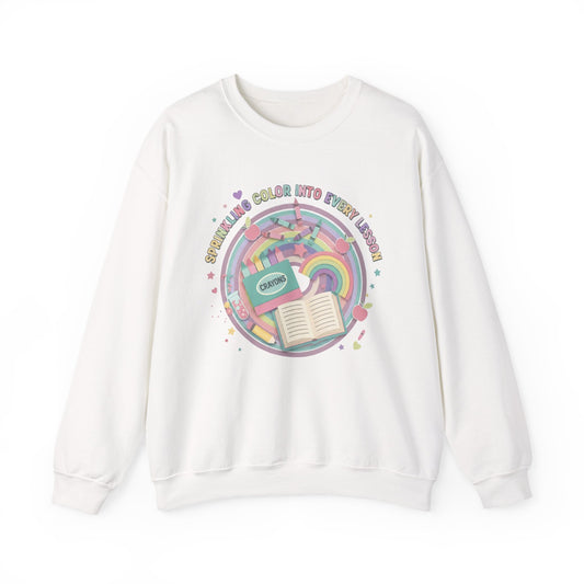 Crewneck Sweatshirt — "Sprinkling Color Into Every Lesson" Pastel Rainbow Teacher Sweatshirt