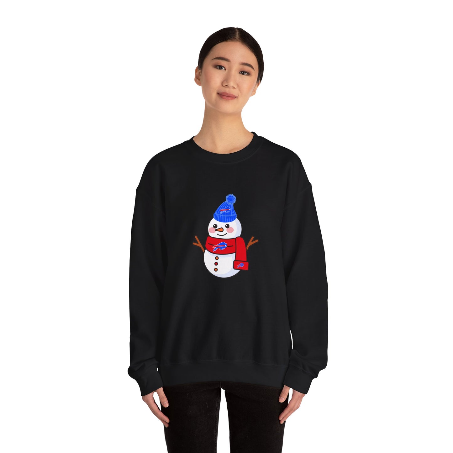 Buffalo Snowman Crewneck Sweatshirt – Cute Winter Snowman with Blue Beanie & Red Scarf