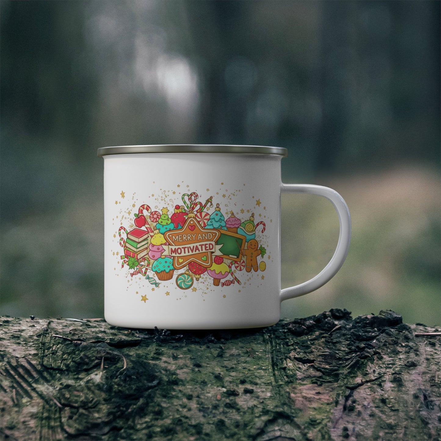 Enamel Mug — Merry and Motivated Holiday Camping Cup with Festive Sweets Design