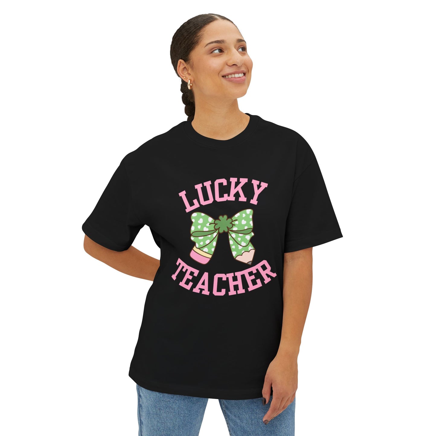 Lucky Teacher Pencil Bow Unisex Oversized Boxy Tee