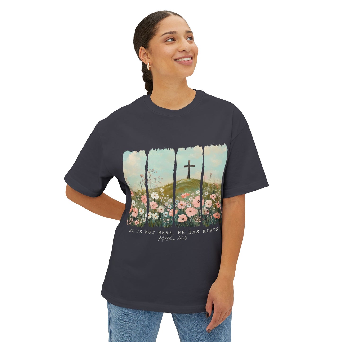 Faith-Inspired Oversized Boxy Tee with Floral Design