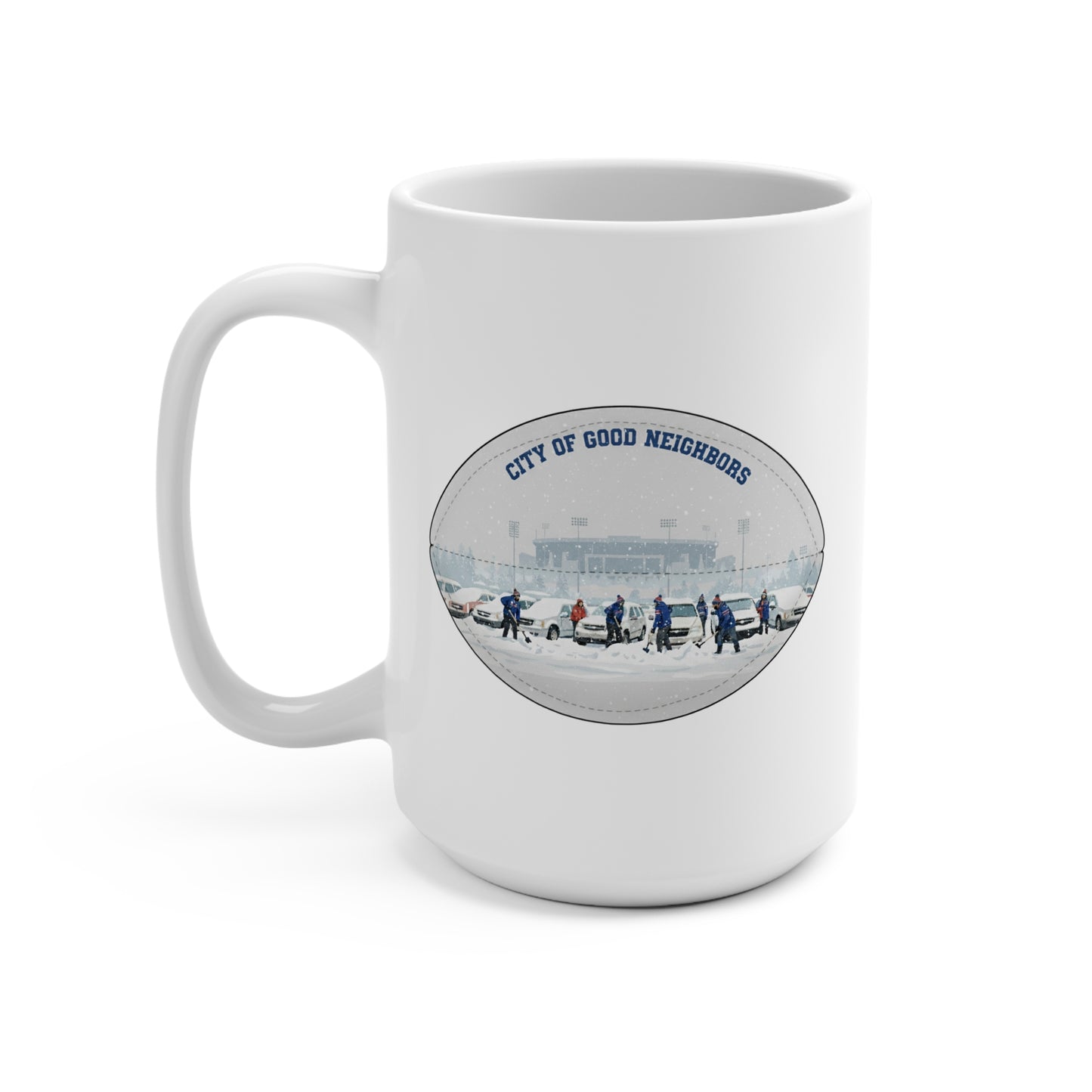City of Good Neighbors 15oz Ceramic Mug — Vintage Winter Neighborhood Scene