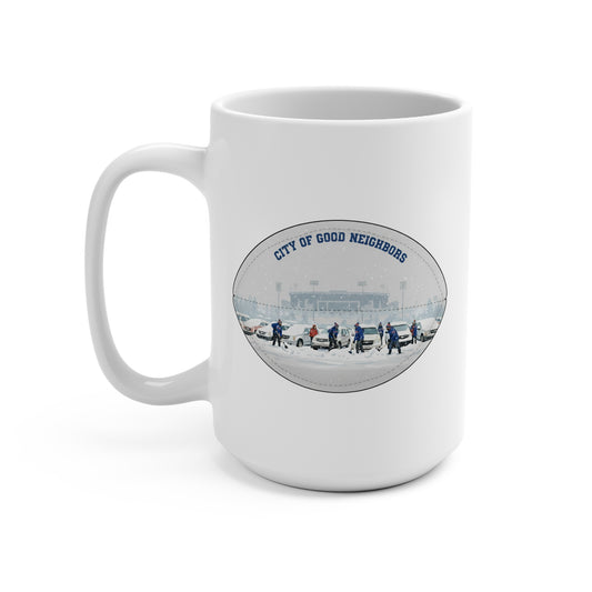 City of Good Neighbors 15oz Ceramic Mug — Vintage Winter Neighborhood Scene