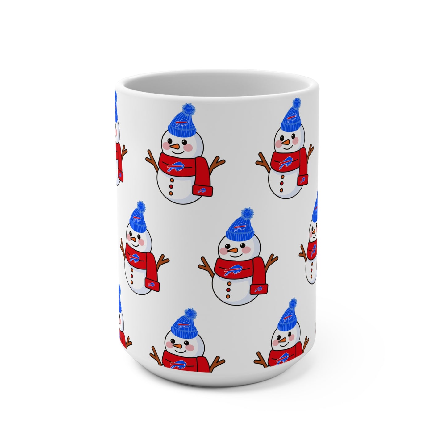 15oz Buffalo Snowman Pattern Mug — Cute Holiday Coffee Cup with Blue Hat & Red Scarf