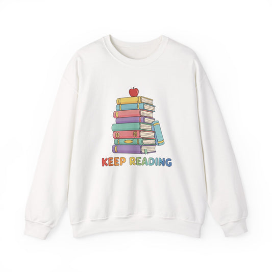Keep Reading Sweatshirt - Cozy Bookstack Graphic Crewneck for Readers