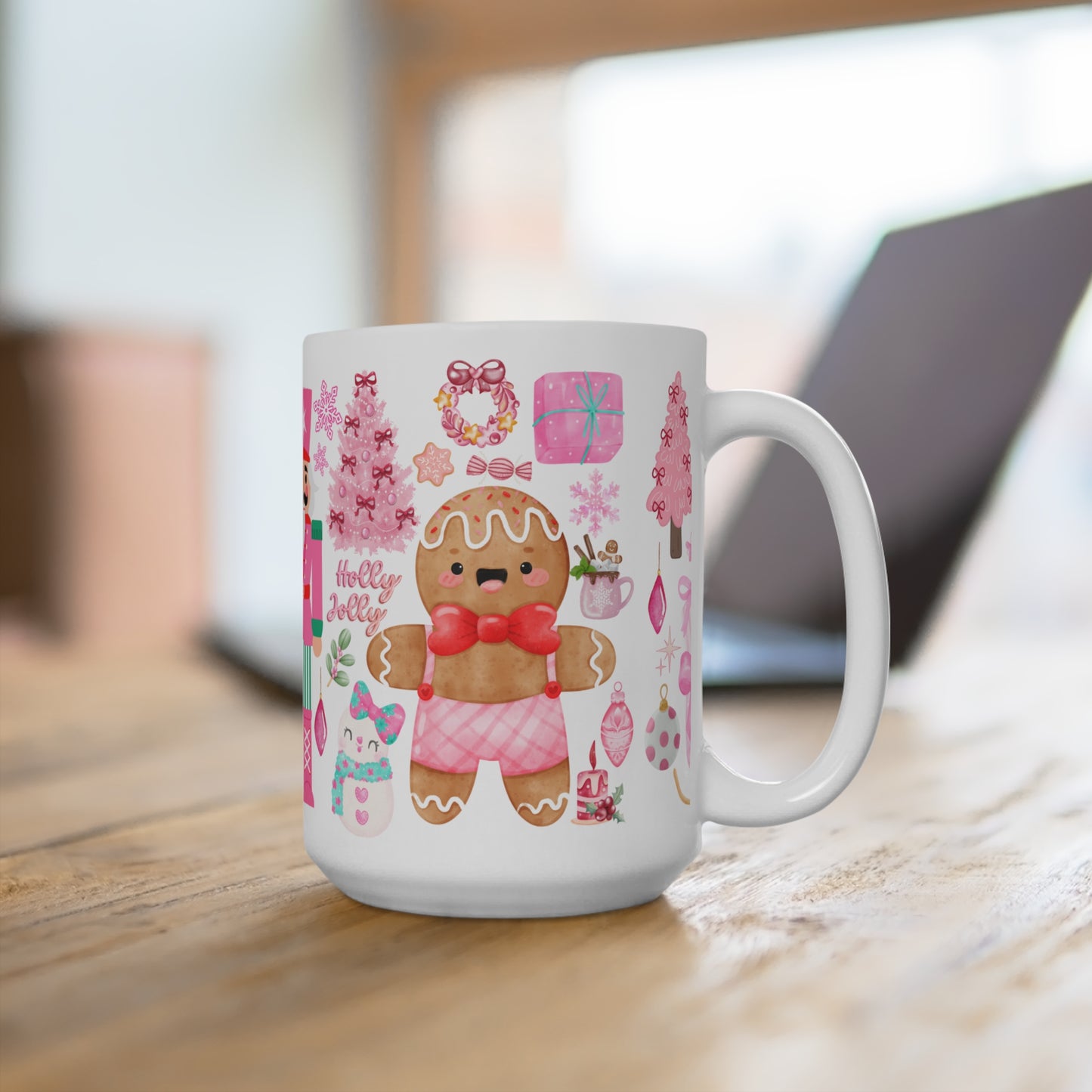 Pink Christmas Nutcracker & Gingerbread Holiday Mug — Festive Pink 15oz Coffee Cup