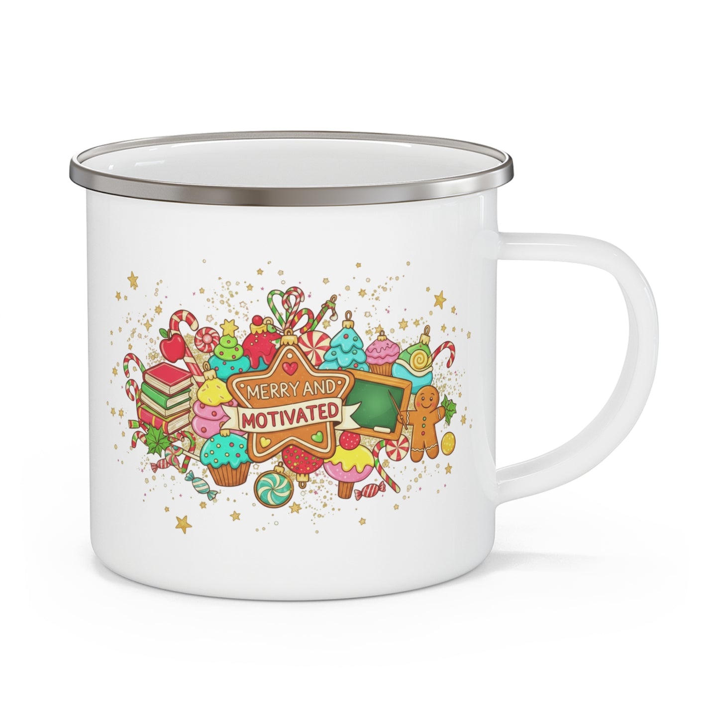 Enamel Mug — Merry and Motivated Holiday Camping Cup with Festive Sweets Design