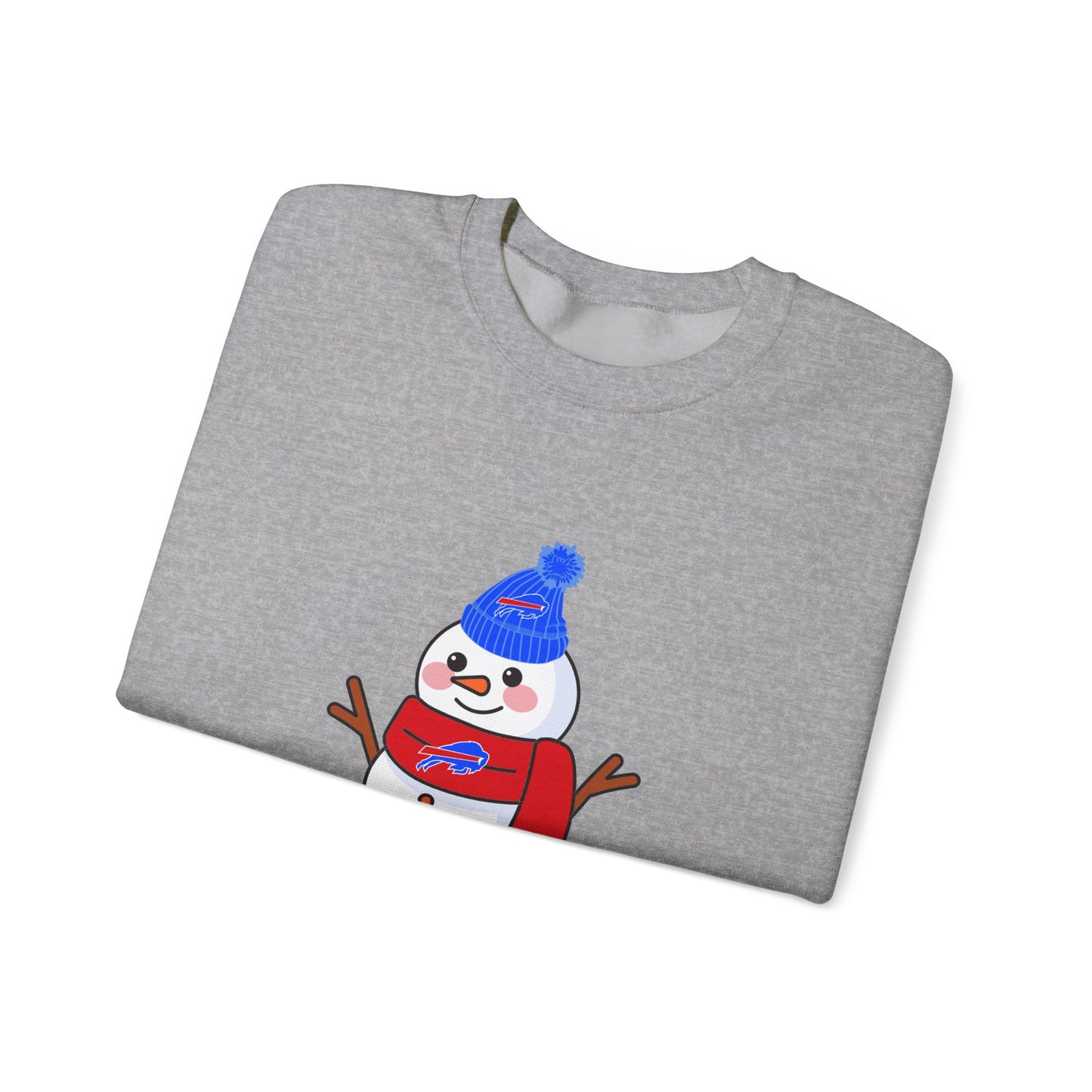 Buffalo Snowman Crewneck Sweatshirt – Cute Winter Snowman with Blue Beanie & Red Scarf