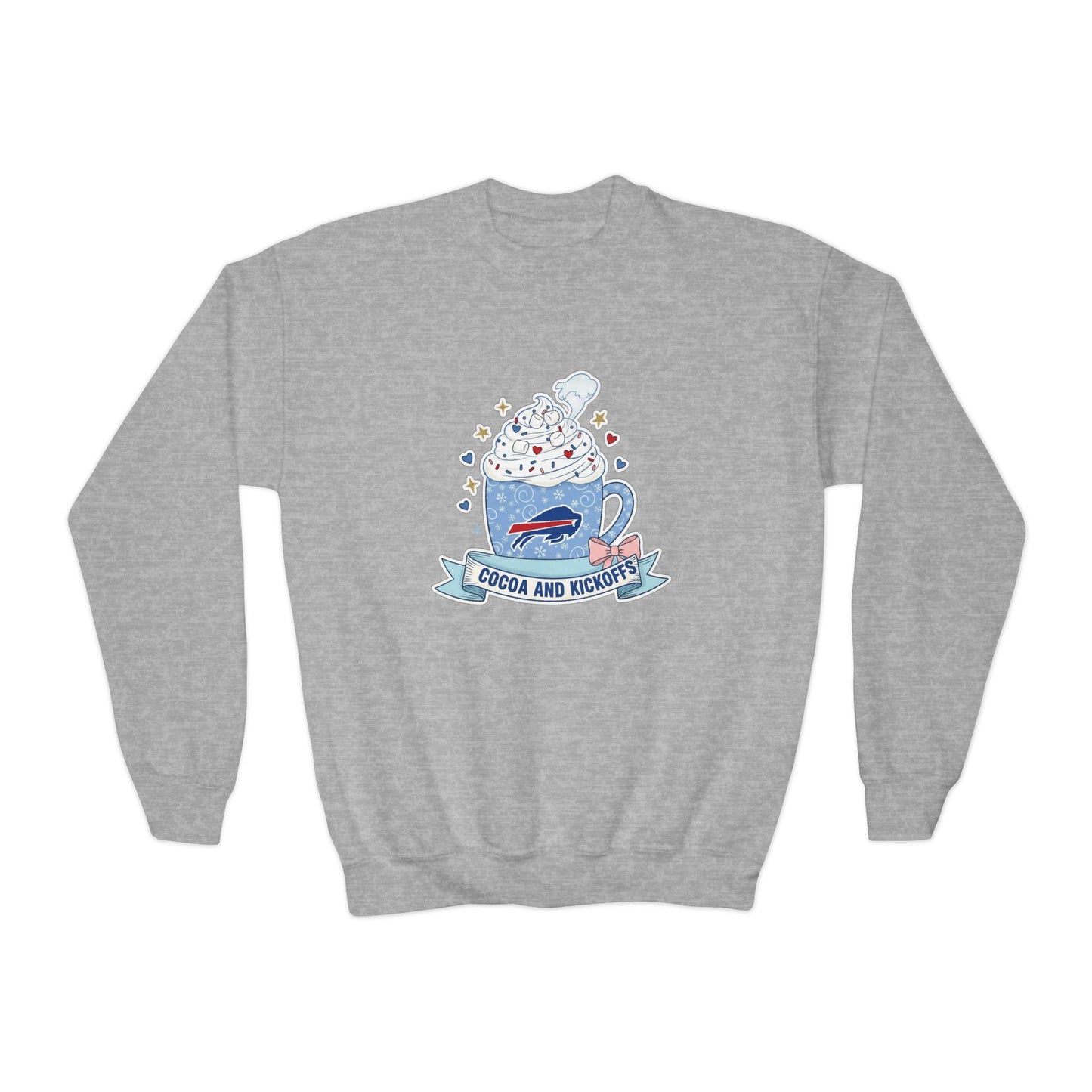 Youth Crewneck Sweatshirt - Cozy Buffalo Hot Cocoa Graphic with Whipped Cream & Stars