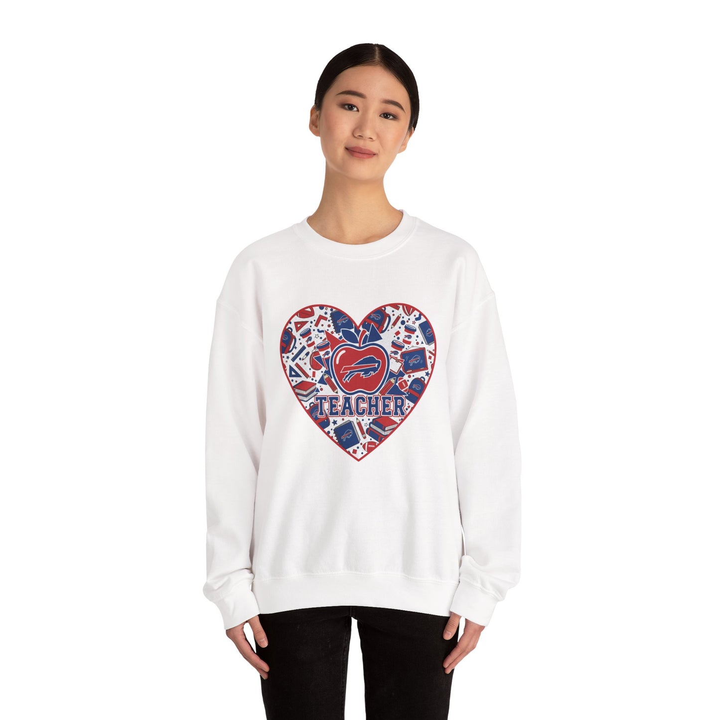 Teacher Crewneck Sweatshirt — Red & Blue Apple Graphic Teacher Pullover