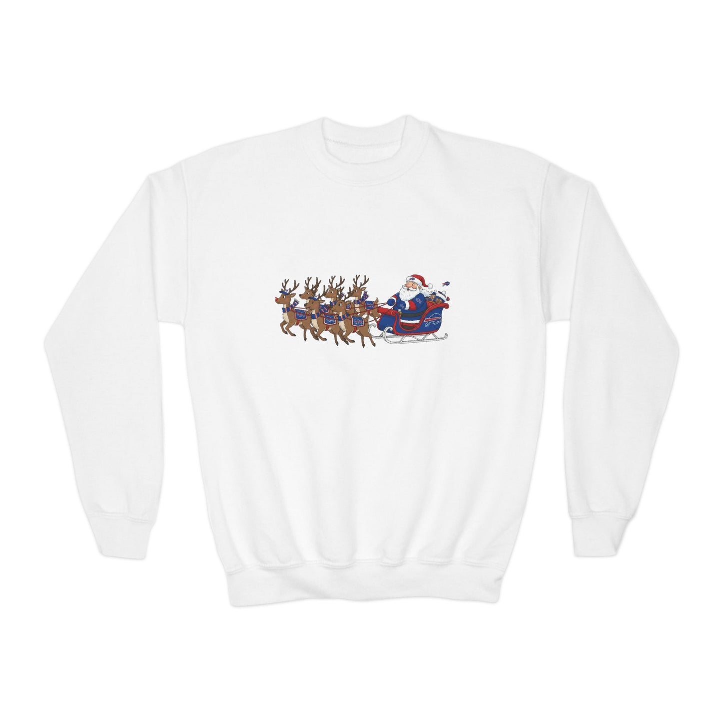 Kids Buffalo Christmas Crewneck Sweatshirt - Santa Sleigh & Reindeer Holiday Pullover