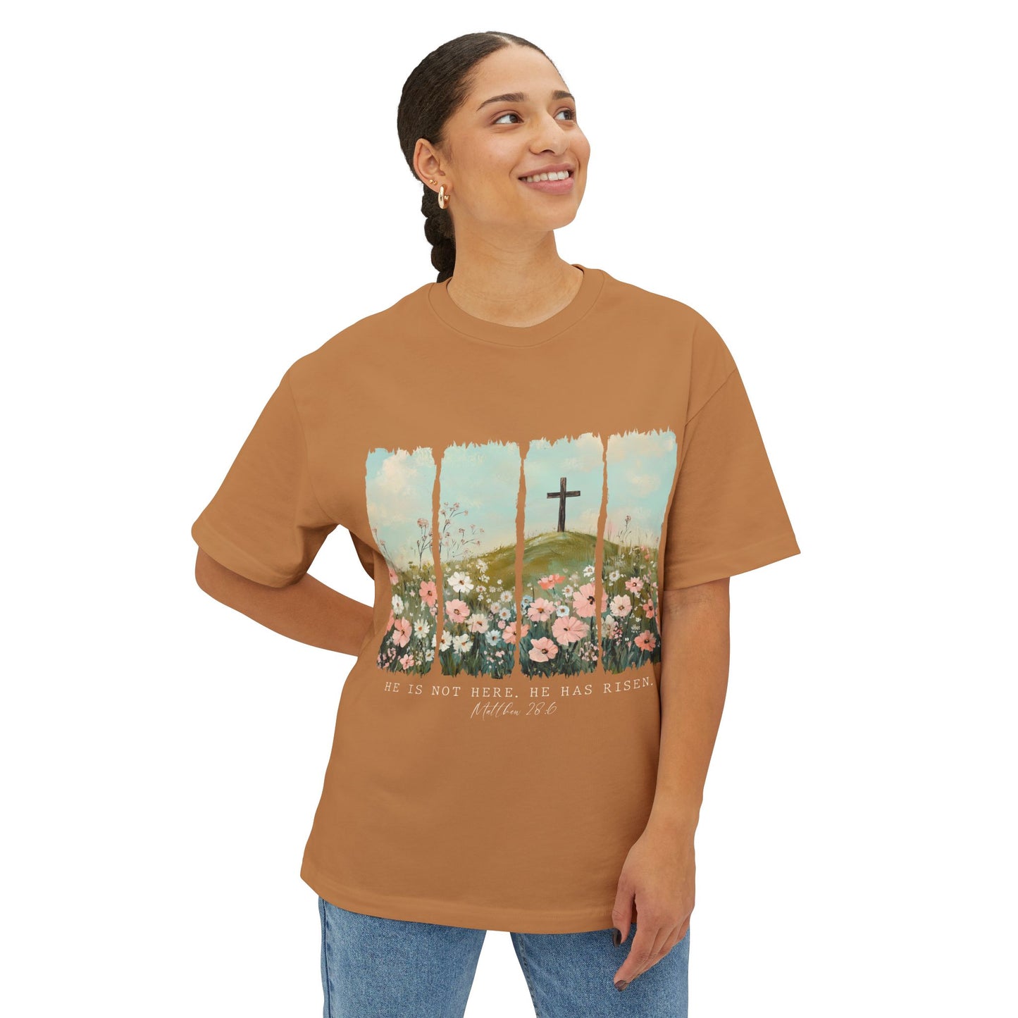 Faith-Inspired Oversized Boxy Tee with Floral Design