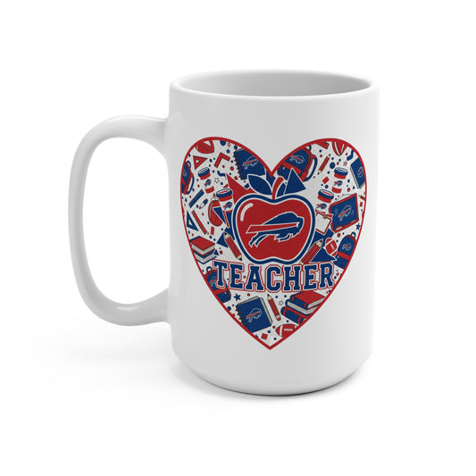 Teacher Heart 15oz Mug — Red & Blue Buffalo Apple School Spirit Coffee Cup