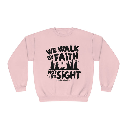 We Walk By Faith Not By Sight Black Unisex NuBlend® Crewneck Sweatshirt