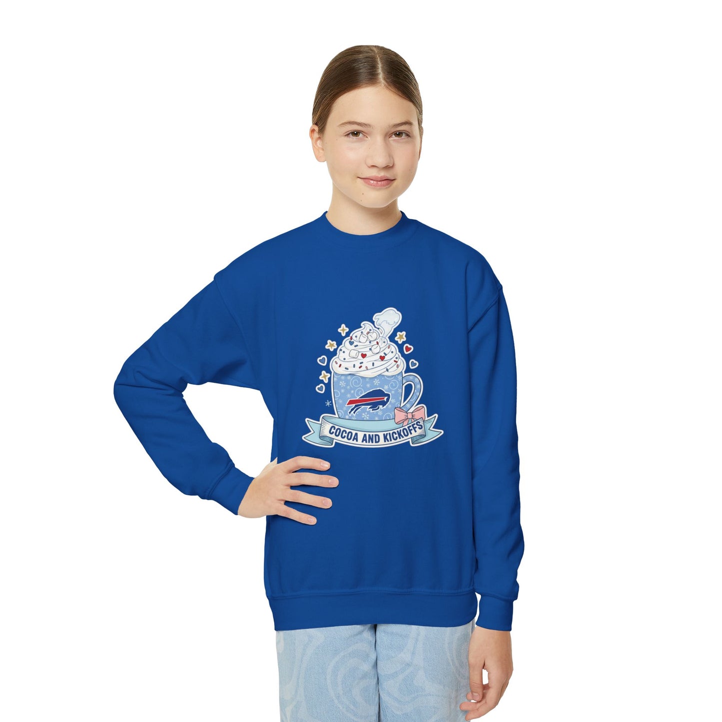 Youth Crewneck Sweatshirt - Cozy Buffalo Hot Cocoa Graphic with Whipped Cream & Stars