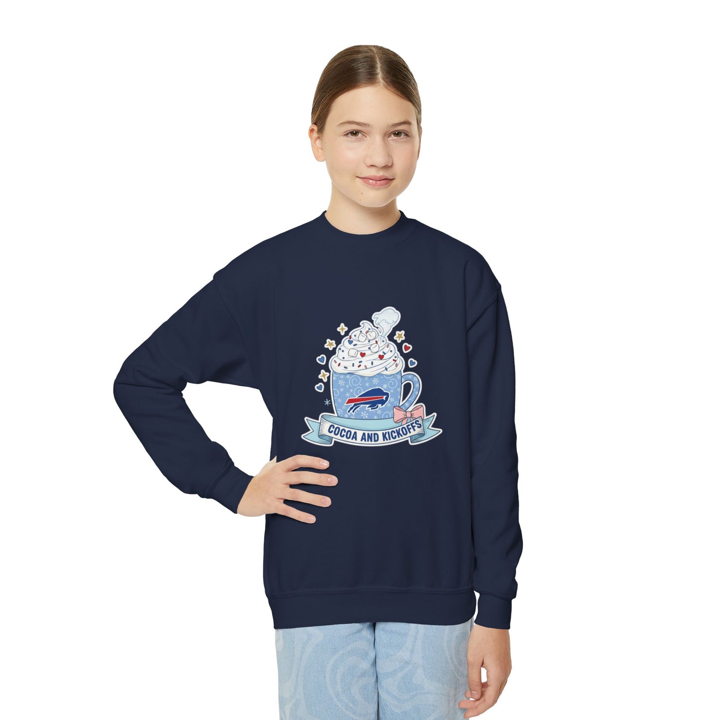 Youth Crewneck Sweatshirt - Cozy Buffalo Hot Cocoa Graphic with Whipped Cream & Stars