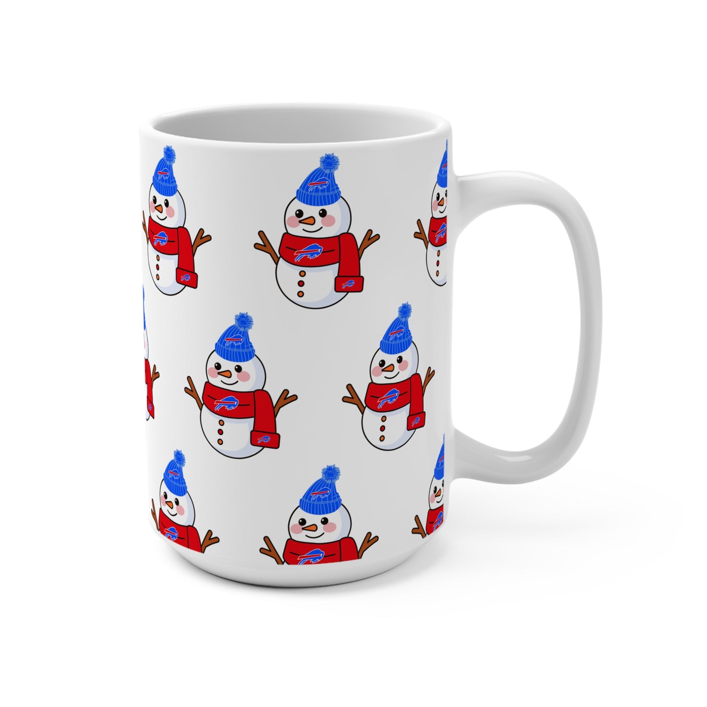 15oz Buffalo Snowman Pattern Mug — Cute Holiday Coffee Cup with Blue Hat & Red Scarf