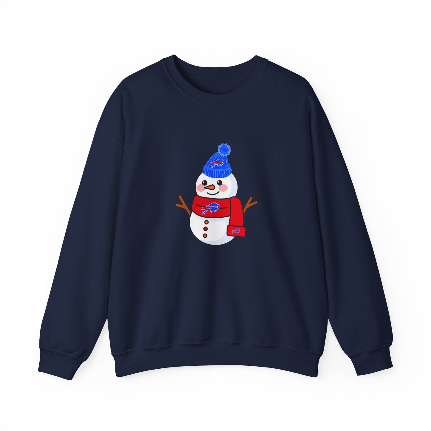Buffalo Snowman Crewneck Sweatshirt – Cute Winter Snowman with Blue Beanie & Red Scarf