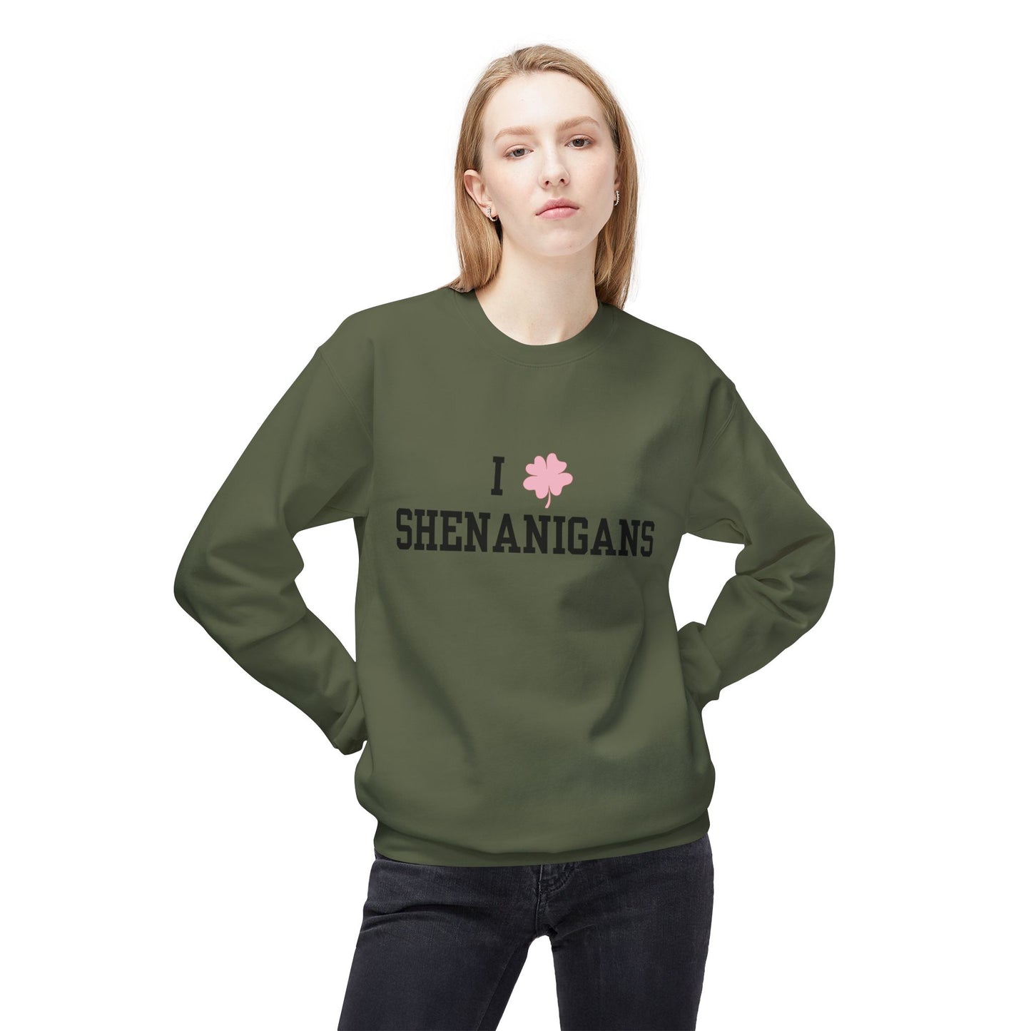 I Love Shenanigans Black Font Unisex Midweight Softstyle Fleece Crewneck Sweatshirt