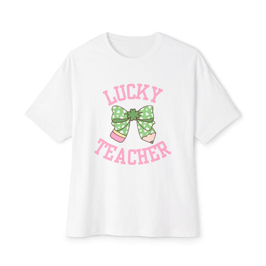 Lucky Teacher Pencil Bow Unisex Oversized Boxy Tee