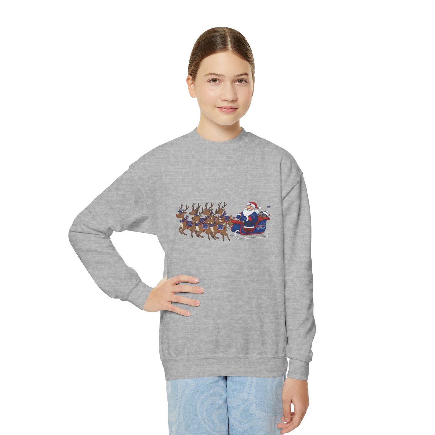 Kids Buffalo Christmas Crewneck Sweatshirt - Santa Sleigh & Reindeer Holiday Pullover