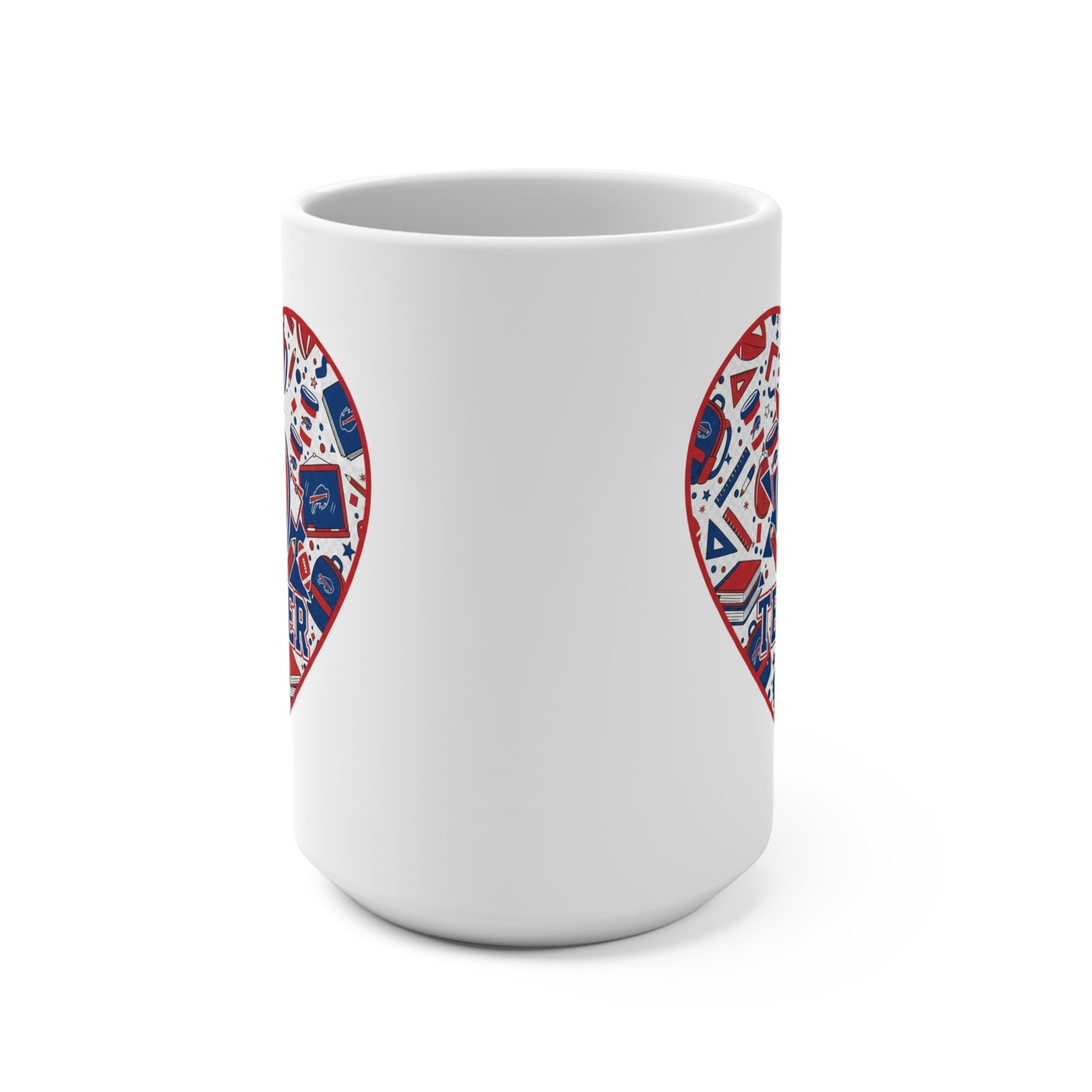 Teacher Heart 15oz Mug — Red & Blue Buffalo Apple School Spirit Coffee Cup