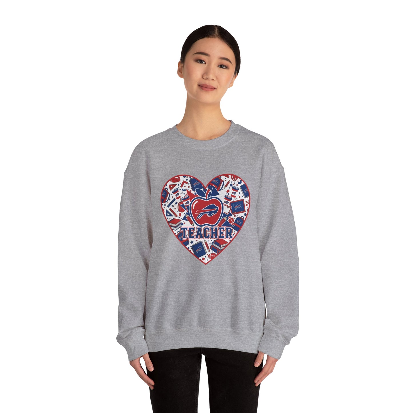 Teacher Crewneck Sweatshirt — Red & Blue Apple Graphic Teacher Pullover