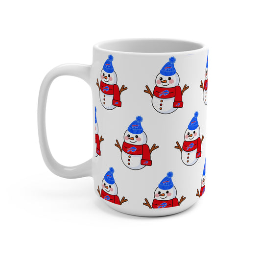 15oz Buffalo Snowman Pattern Mug — Cute Holiday Coffee Cup with Blue Hat & Red Scarf