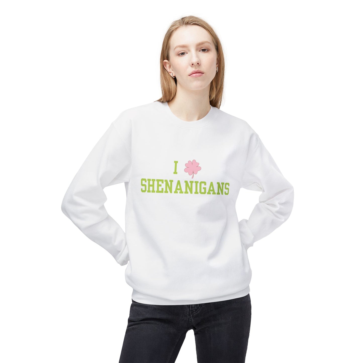 I Love Shenanigans Green Font Unisex Midweight Softstyle Fleece Crewneck Sweatshirt