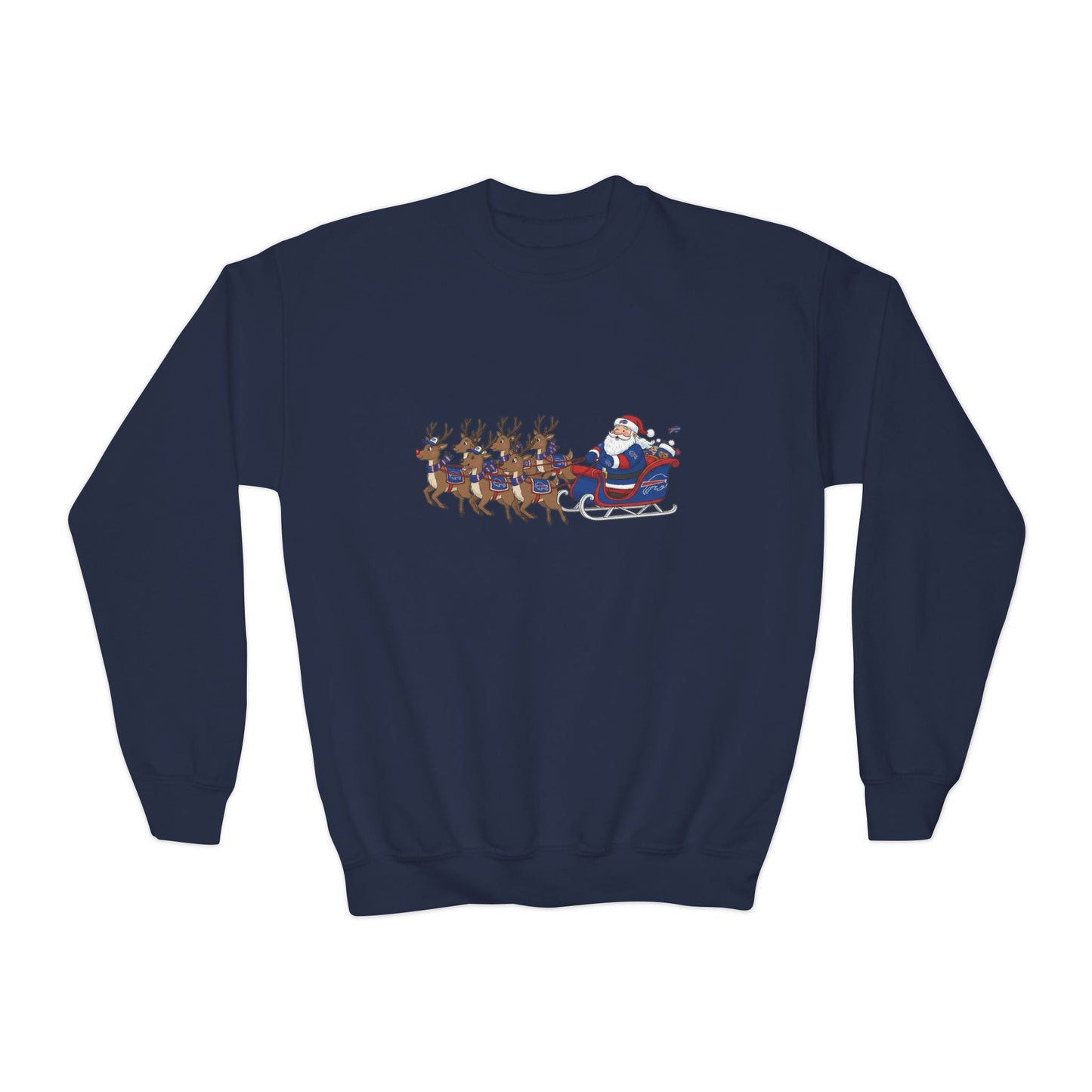 Kids Buffalo Christmas Crewneck Sweatshirt - Santa Sleigh & Reindeer Holiday Pullover