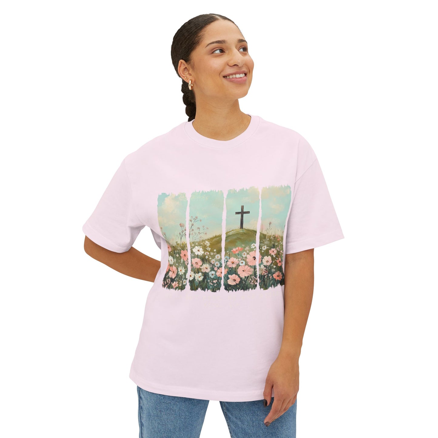 Faith-Inspired Oversized Boxy Tee with Floral Design