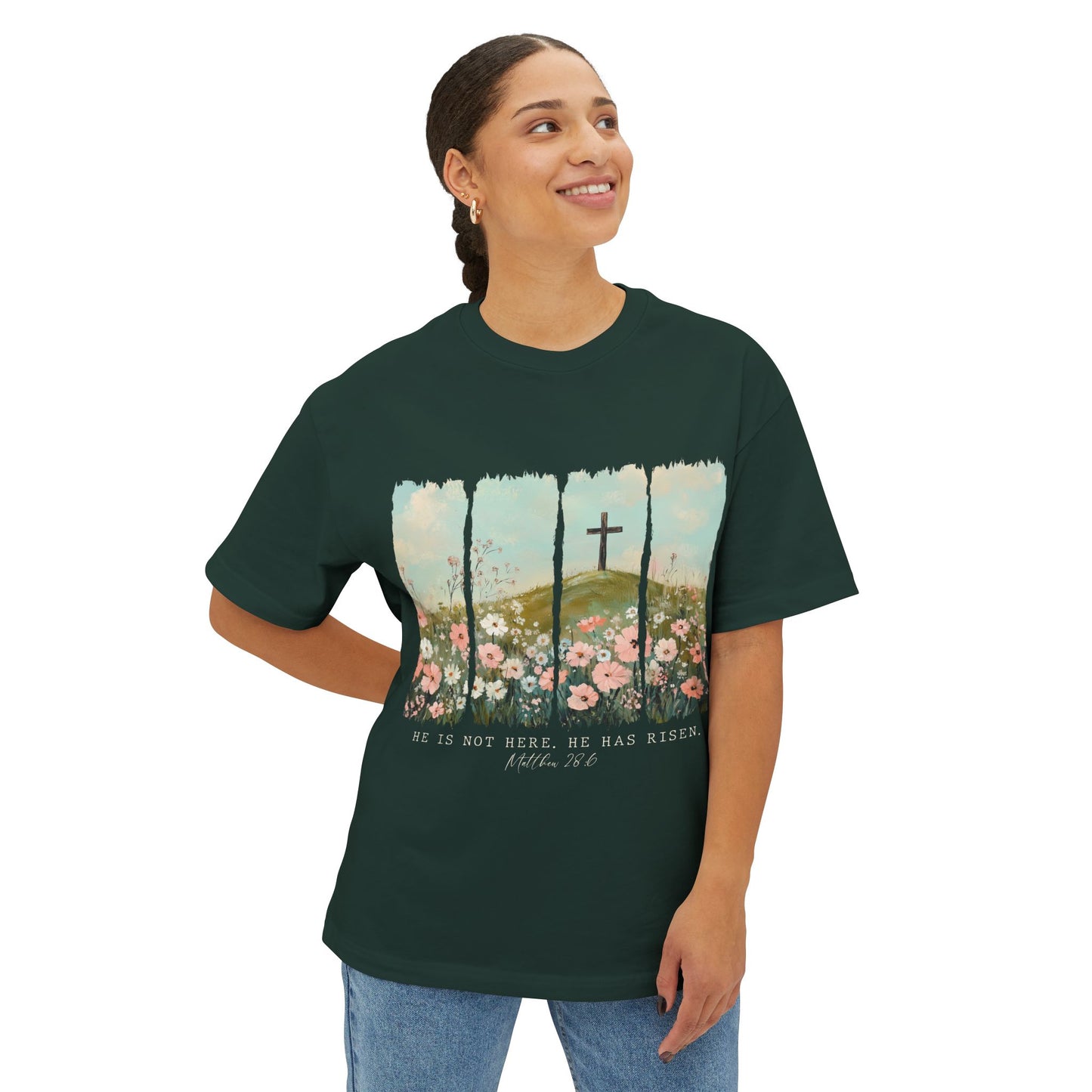 Faith-Inspired Oversized Boxy Tee with Floral Design