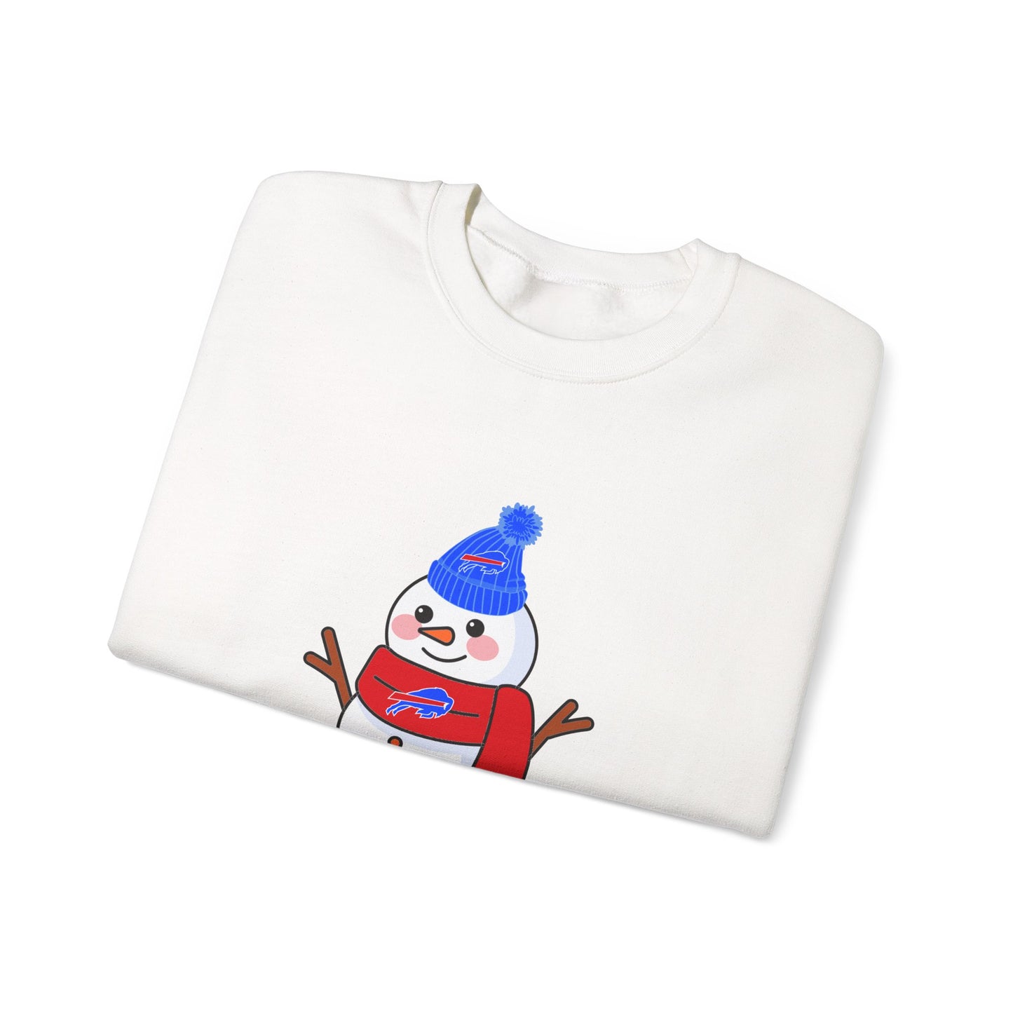Buffalo Snowman Crewneck Sweatshirt – Cute Winter Snowman with Blue Beanie & Red Scarf