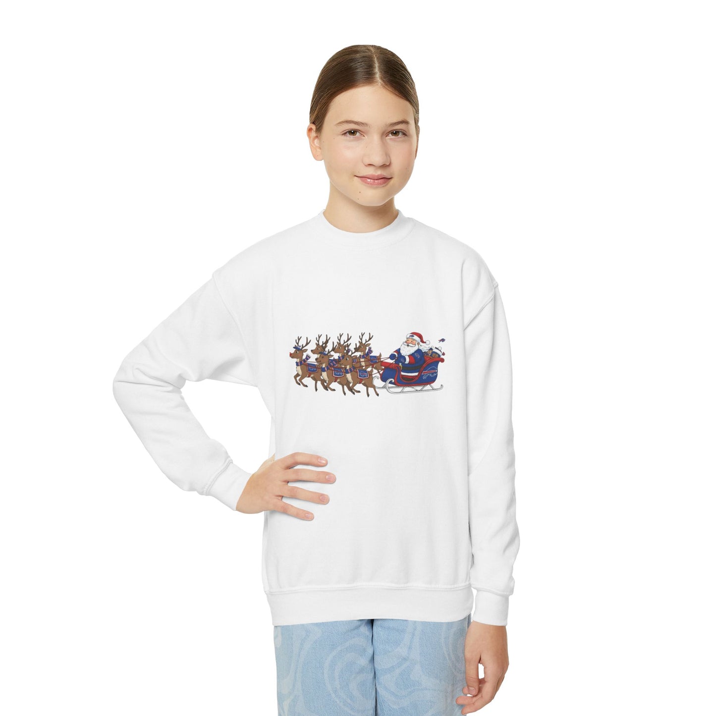 Kids Buffalo Christmas Crewneck Sweatshirt - Santa Sleigh & Reindeer Holiday Pullover