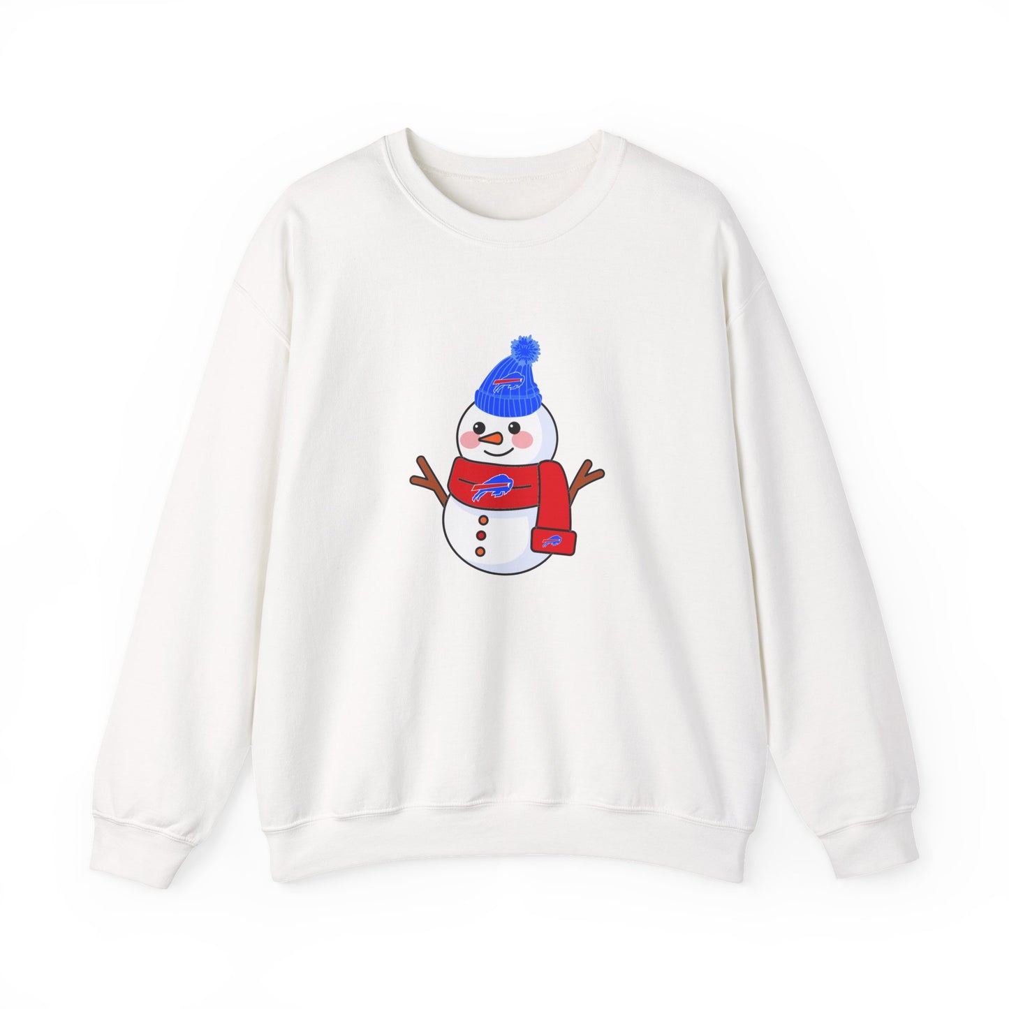 Buffalo Snowman Crewneck Sweatshirt – Cute Winter Snowman with Blue Beanie & Red Scarf