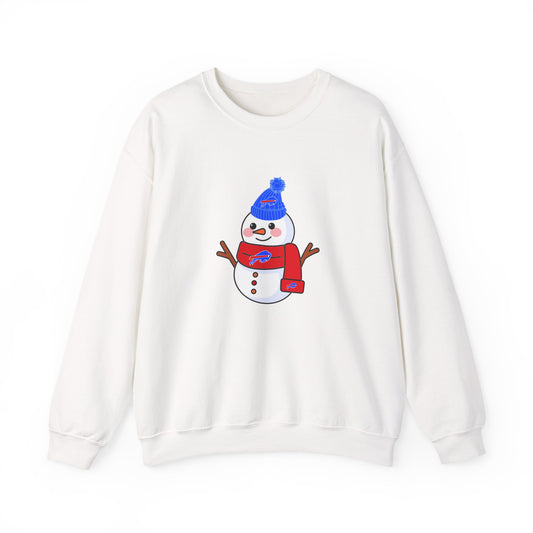 Buffalo Snowman Crewneck Sweatshirt – Cute Winter Snowman with Blue Beanie & Red Scarf