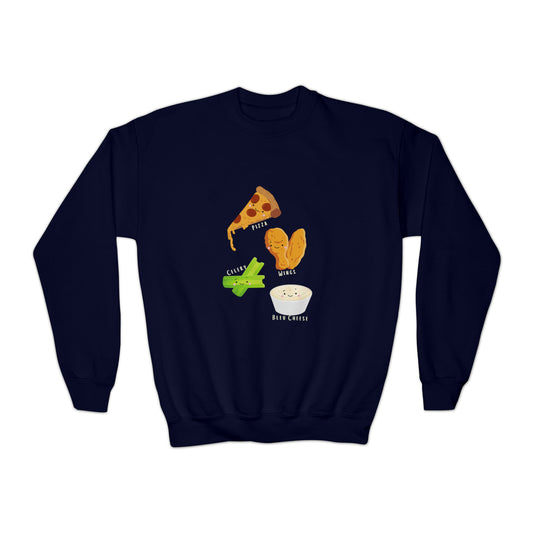 Cutesy Pizza Wing Celery Bleu Cheese Youth Crewneck Sweatshirt
