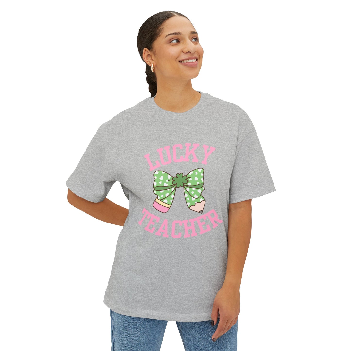 Lucky Teacher Pencil Bow Unisex Oversized Boxy Tee